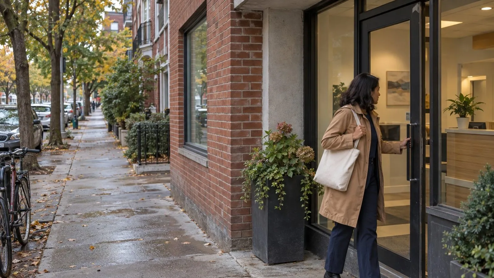 A visitor approaching the clinic entrance on Bloor Street West