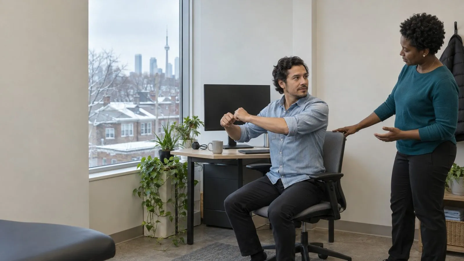 A physiotherapist helping a patient connect mobility advice with desk work