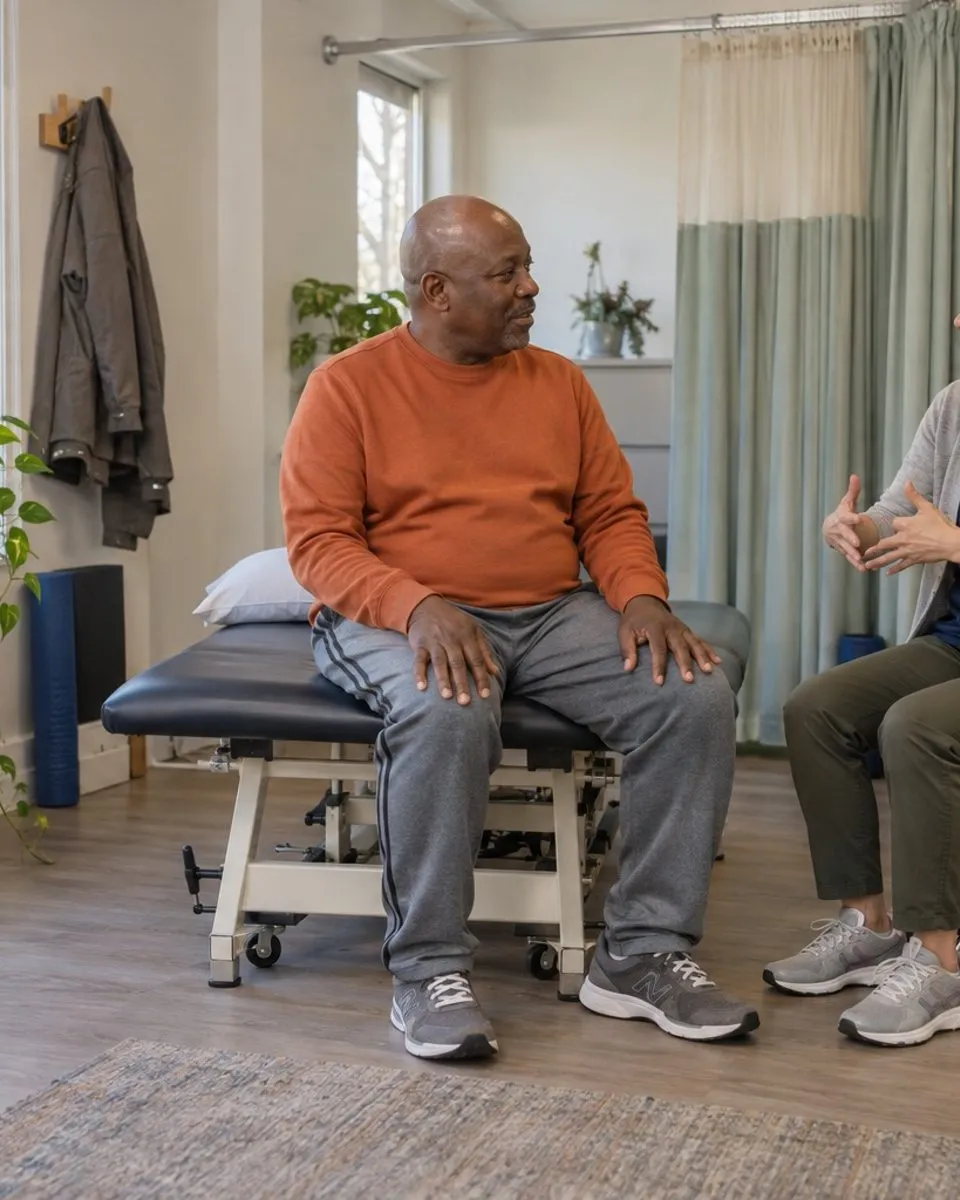 A physiotherapist and patient talking at the end of an exercise session