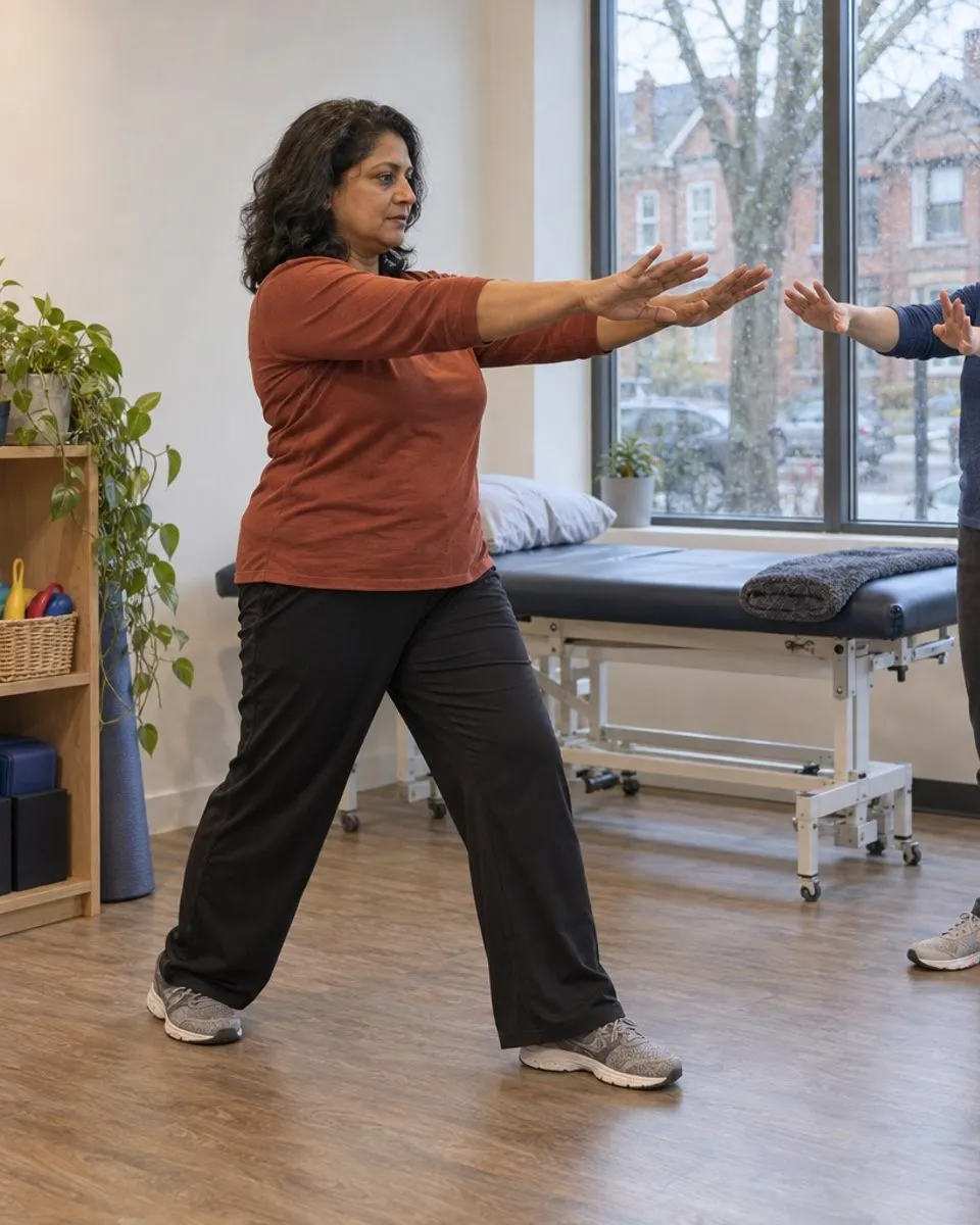 A physiotherapist guides an adult patient through a comfortable standing mobility exercise in the clinic.