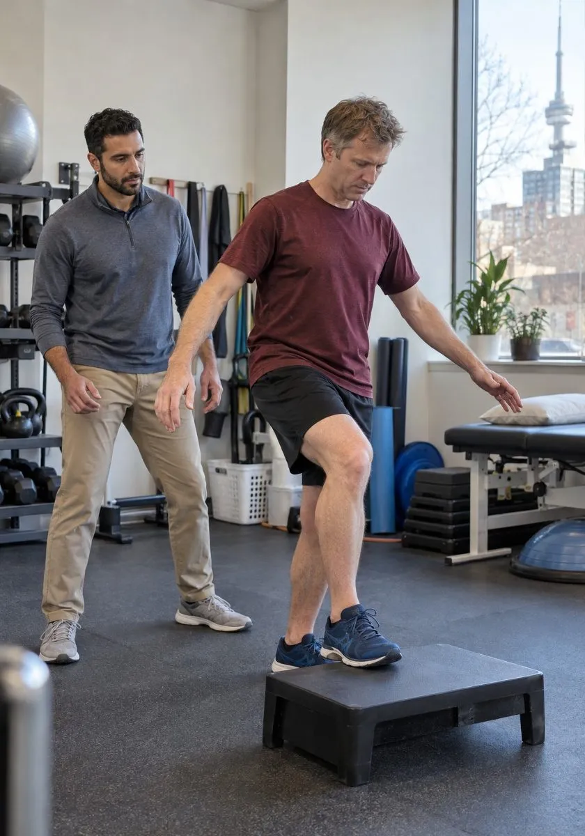 An adult patient practices a controlled step exercise while a physiotherapist observes alignment in a bright treatment space.